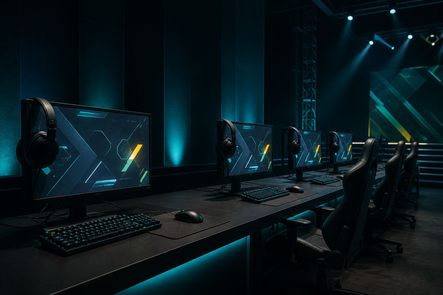 E-sport versenyasztalok monitores sora